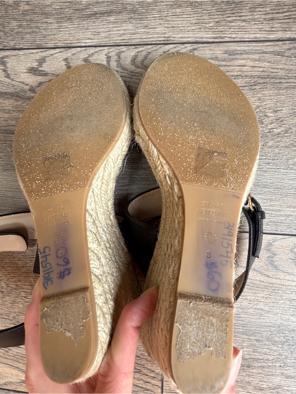 Stuart Weitzman Lexia Espadrille Leather Ankle Strap Black Wedge Sandal Sz 8 - Picture 12 of 16